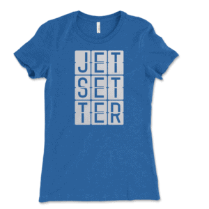 Product mockup of the relatable, travel-inspired Jetsetter print by Relateeble on a true royal colored women's short sleeve tee