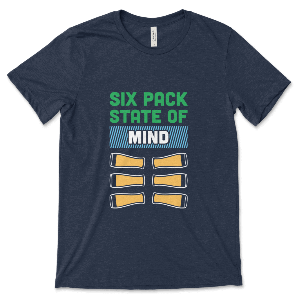 Product mockup of the funny, drinking-inspired Six Pack State of Mind print by Relateeble on a navy colored unisex/men's short sleeve tee